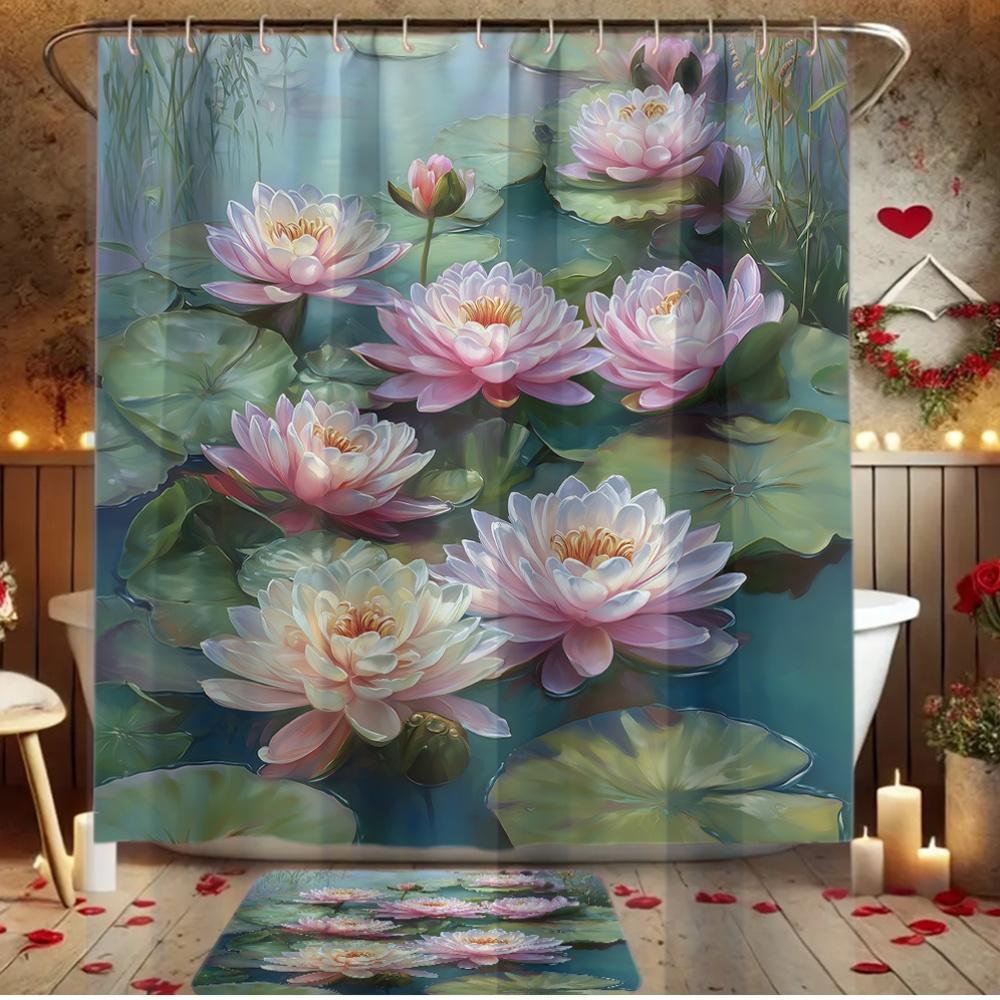 4Pcs Lotus Blooming Beauty Shower Curtain Set with Non-Slip Bath Mat, Toilet Lid Cover, Contour Rug & 12 Hooks, Bathroom Decor