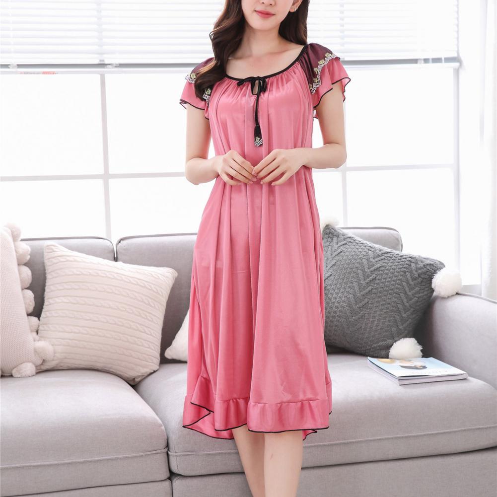 Satin Pajama Dress Women Lounge O-Neck Lace-up Short Sleeve Thin Sleeping Dress Ruffle Hem Summer Nightdress