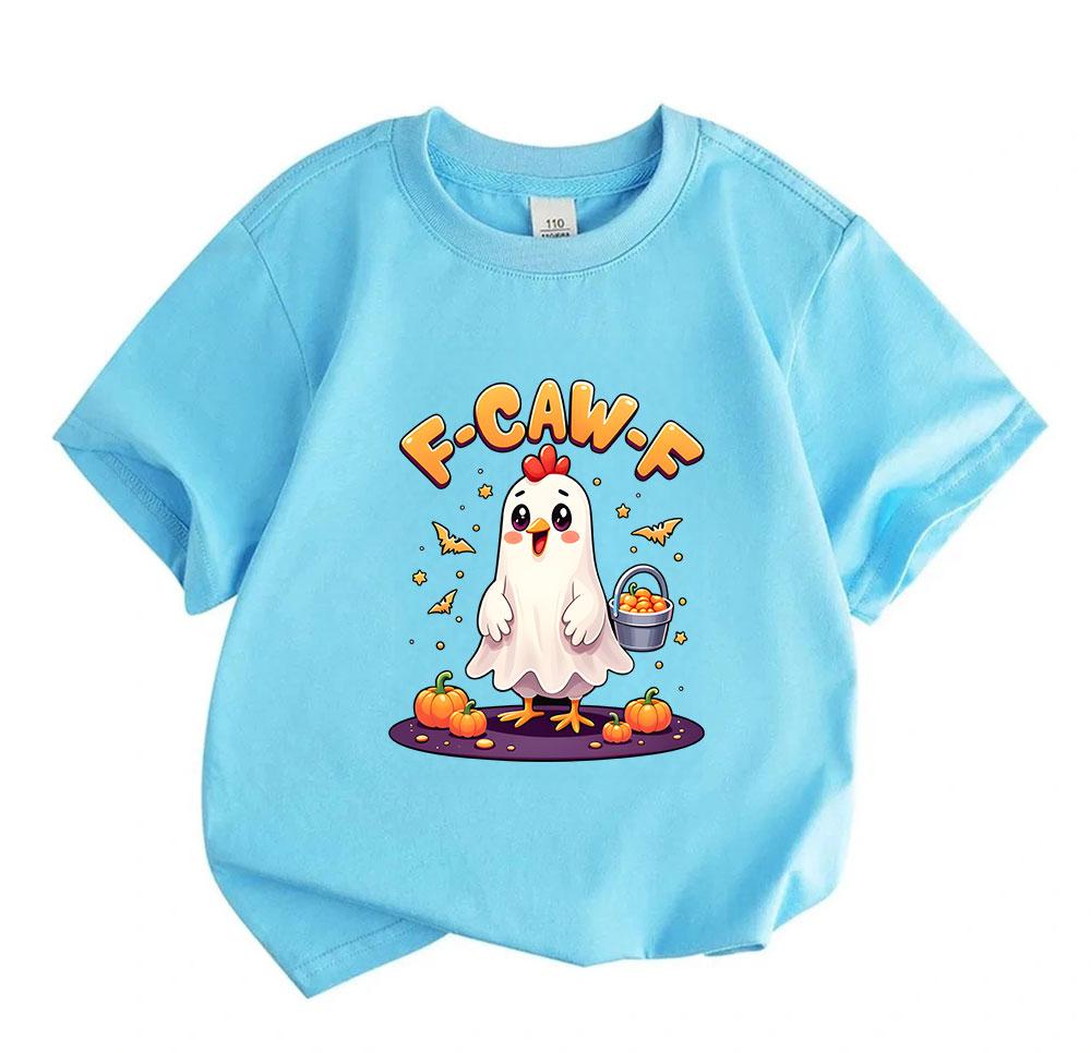 Kids Boys Girls 100% Cotton Short Sleeve Crew Neck T-Shirt, Funny F-Caw-F Ghost Chicken Cartoon Print Halloween Casual Tee with Pumpkin Trick Treat Pa
