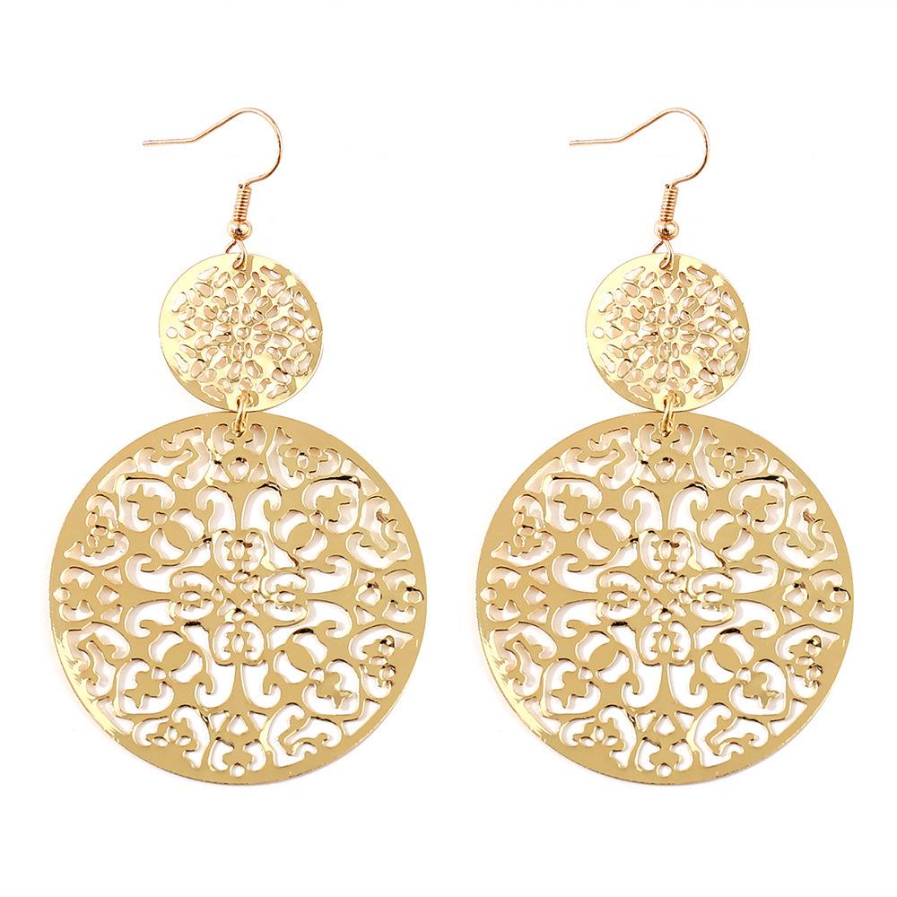 B505 Retro European & American Frosted Hollow Disc Earrings with Ethnic Carved Studs