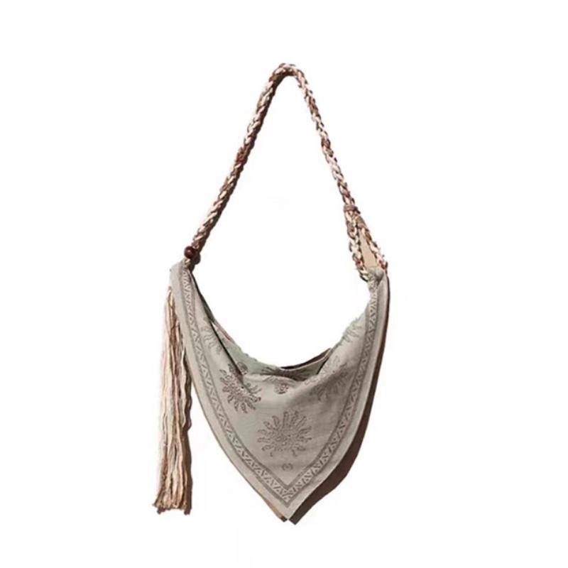 

Bohemian Linen Triangle Crossbody Bag Braided Strap Tassel Detail Casual Ethnic Style Shoulder Bag Women Lightweight Beach Bag зелёный