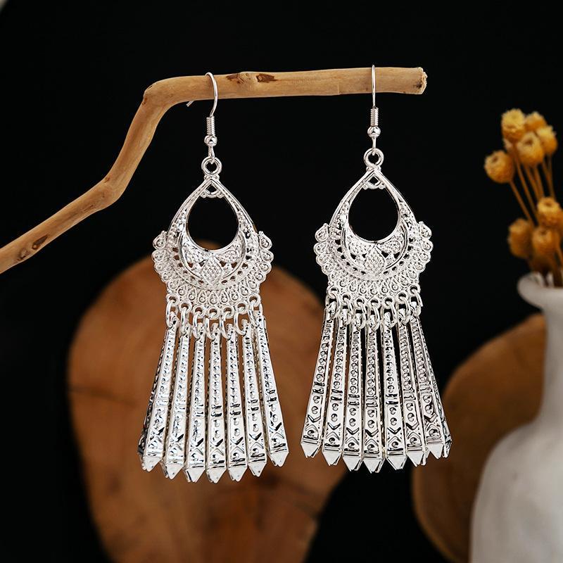 Ethnic Miao Silver Leaf Tassel Earrings