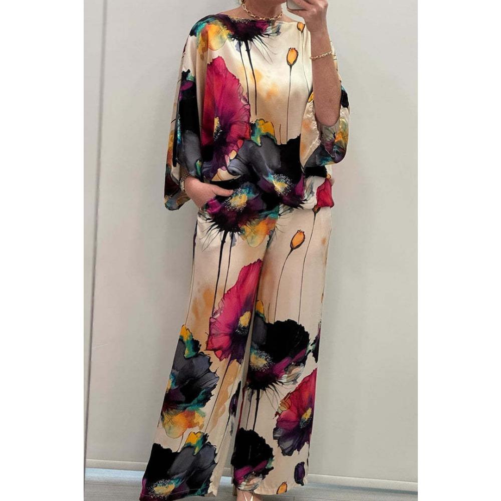 IHUASU Summer and Autumn Urban Elegant Tweed One-shoulder Loose Print Batsleeved and Long Pants Set