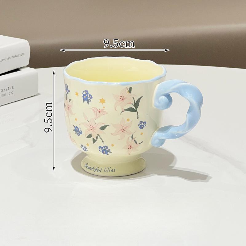 High looking Flowery and High Footed Ceramic Cup for Household Drinking Cup Pastoral Retro Couple Water Cup Office Coffee Cup
