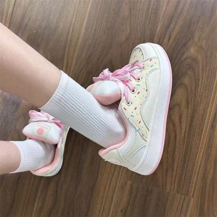 Student casual bread shoes spring and summer new pink and white color matching board shoes Hong Kong style retro lace-up board shoes