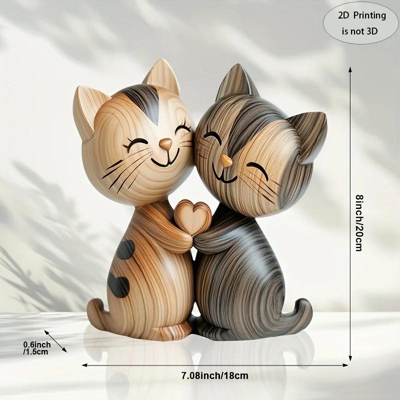 1PCS  2D Flat Print - Handmade Kitten Couple Wooden Sculpture, Charming 2D Gift for Cat Lovers