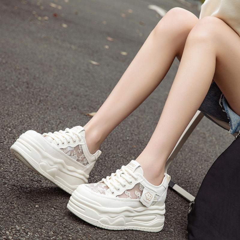Leather little white shoes women's new single-mesh breathable thick-soled heightening sports and leisure shoes versatile muffin board shoes