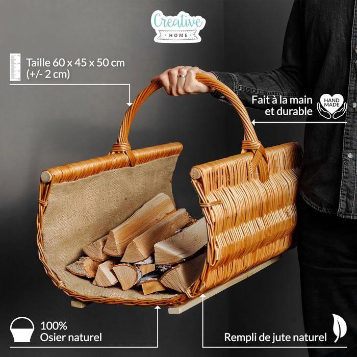 Panier à bûches - CREATIVE HOME - Cheminée Osier Ovale - Poignée - Osier 100% naturel - 60x45x50 cm