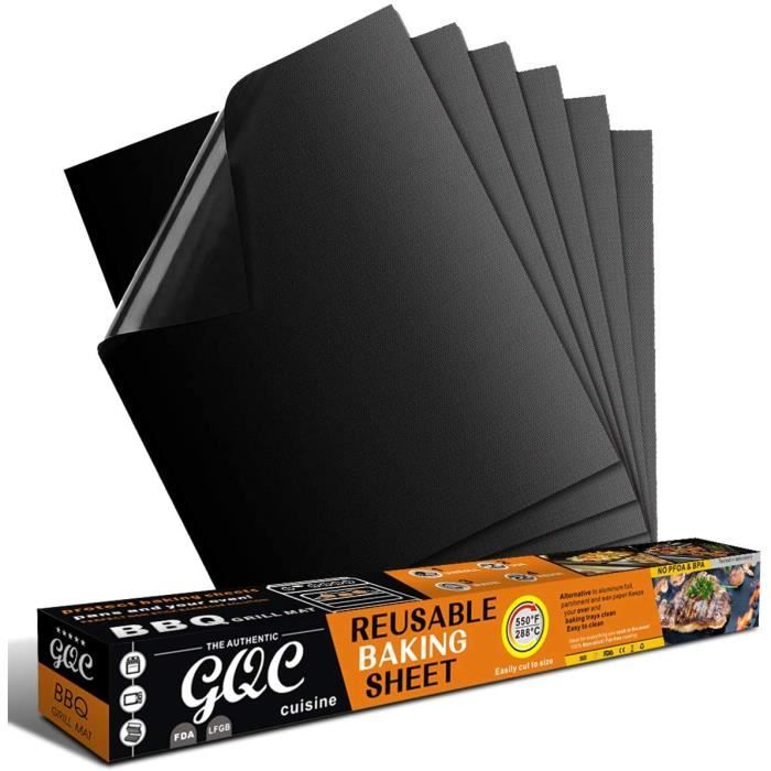 Tapis de cuisson pour barbecue - GQC - 6 pièces - Anti-adhérent - Réutilisable - 40 x 33 cm noir