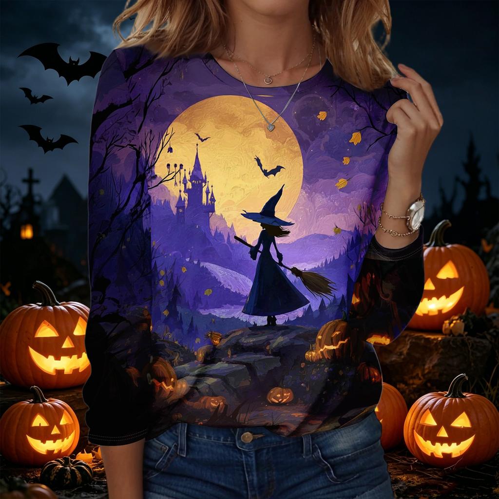 Women's Halloween Graphic Pullover Sweatshirt Long Sleeve Crew Neck Casual Top for Fall and Winter Seasonal Wear