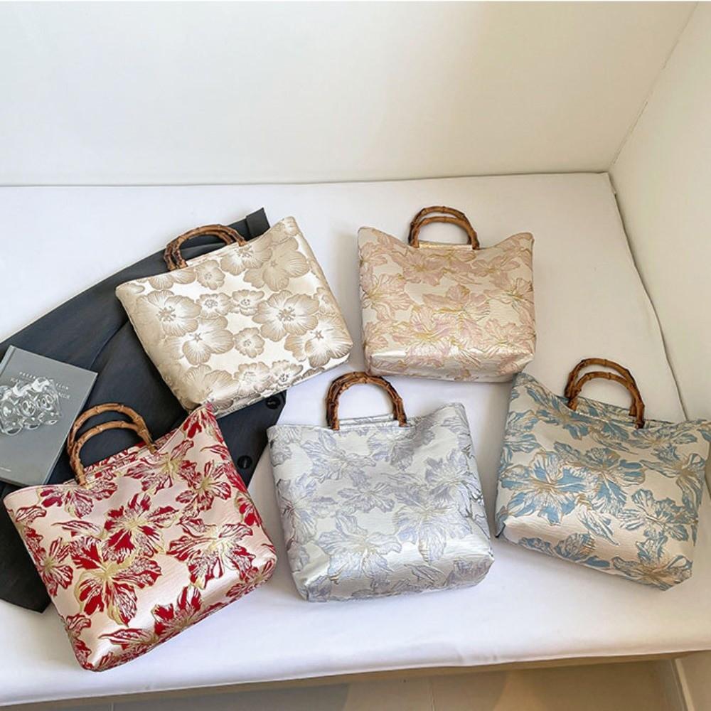 Borsa Tote Jacquard in Tela Chegsam Accessori Manico con Giunzione in Bambù Borsa a Mano Stile Cinese Grande Capacità Chiusura con Zip