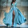 Sexy Deep V-Neck Maxi Dress for Women Sheer Lace Long Sleeve High Split Cocktail Party Dress Formal Evening Gown