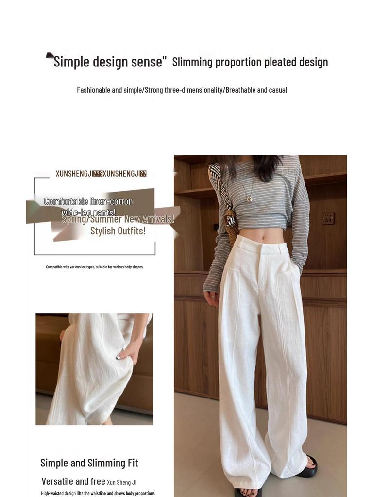 Women's High-Waisted Wide-Leg Linen Pants - White Summer Drape Style