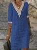 New Solid Color V-Neck Mid-Sleeve Cotton Elegant Dress