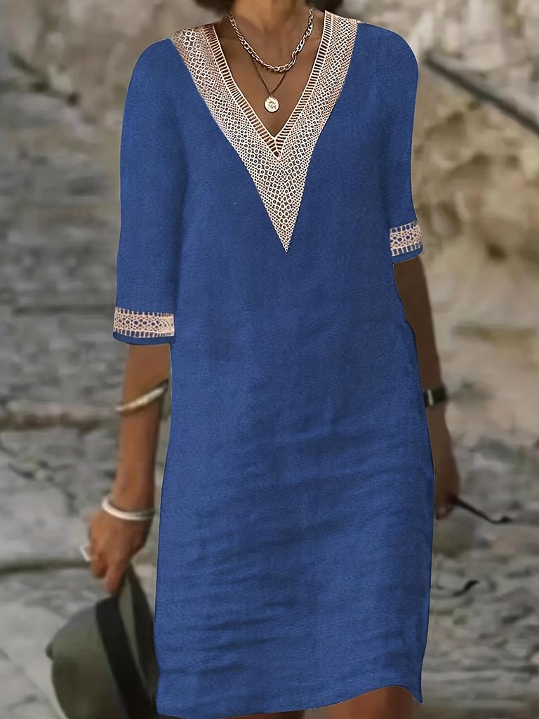 New Solid Color V-Neck Mid-Sleeve Cotton Elegant Dress