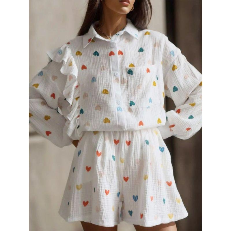 Ruffled Heart Shirt Casual Set Ruffles Heart Shirt Casual Shorts Suit