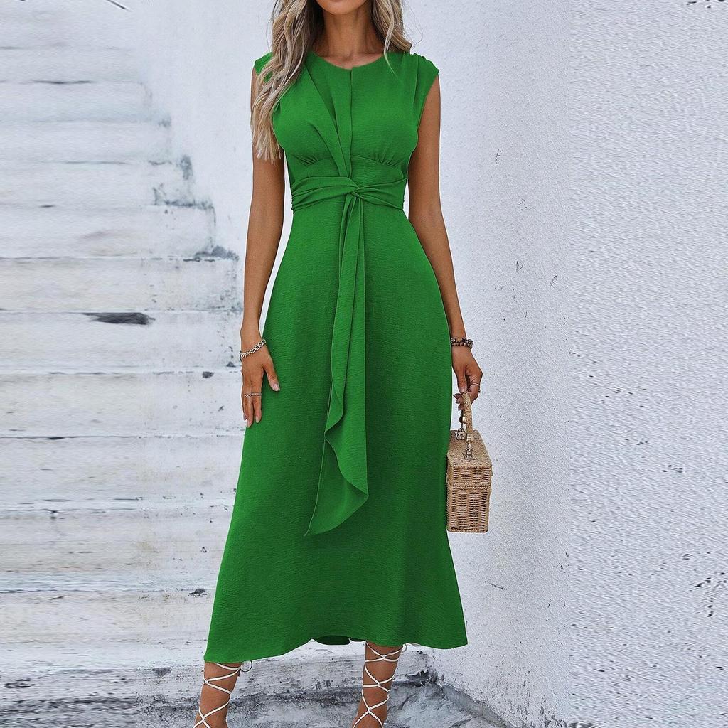 Women's Fashion Casual -Color Waist-Tied Long Sleeveless Dress