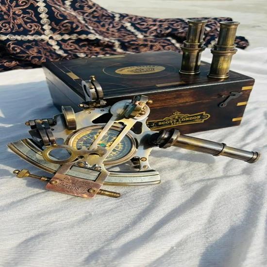 12.7 cm Brass Compass Sextant with Wooden Case Perfect Navigational Tool for Mariners Collectors J Scott London-Brass Sextant Gift