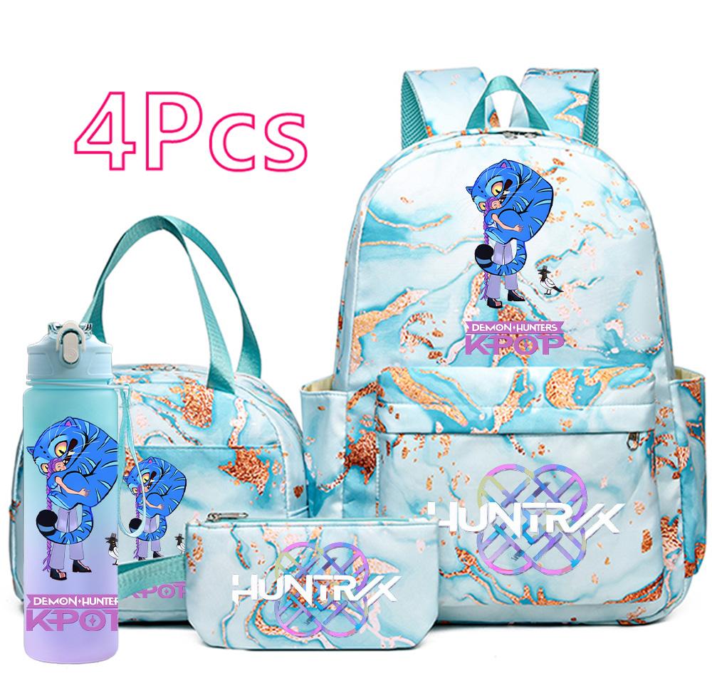 4Pcs/set Cartoon K-Pop Demon Hunters Printed Backpack Handbag Pencil Case with 750Ml Water Bottler for Teenager Boy Girl Large Capacity Schoolbag