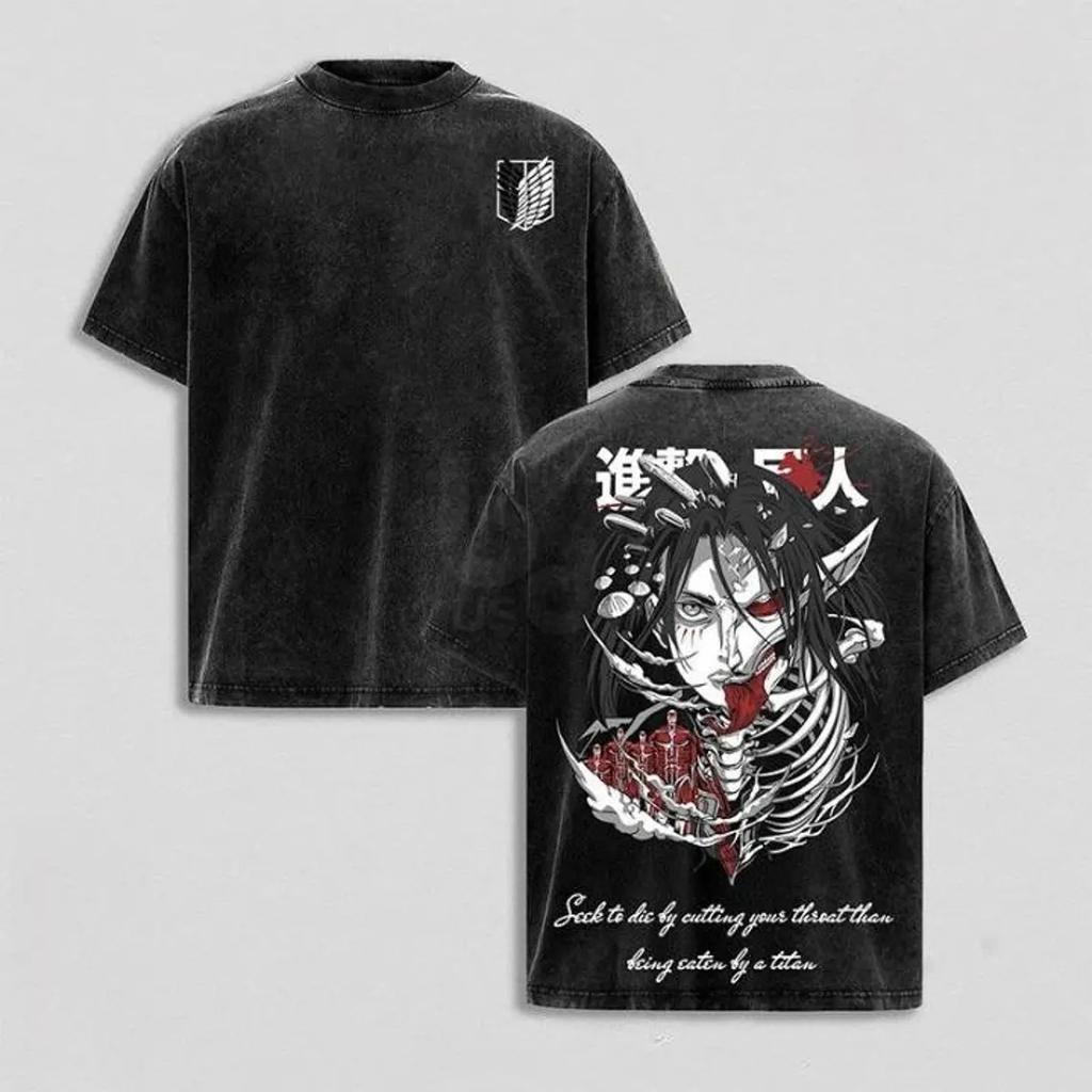 Unisex Anime Attack on Titan Vintage Washed Graphic Print T-shirt Men Women Casual Oversized Streetwear Hip Hop Fashion Summer New Tee