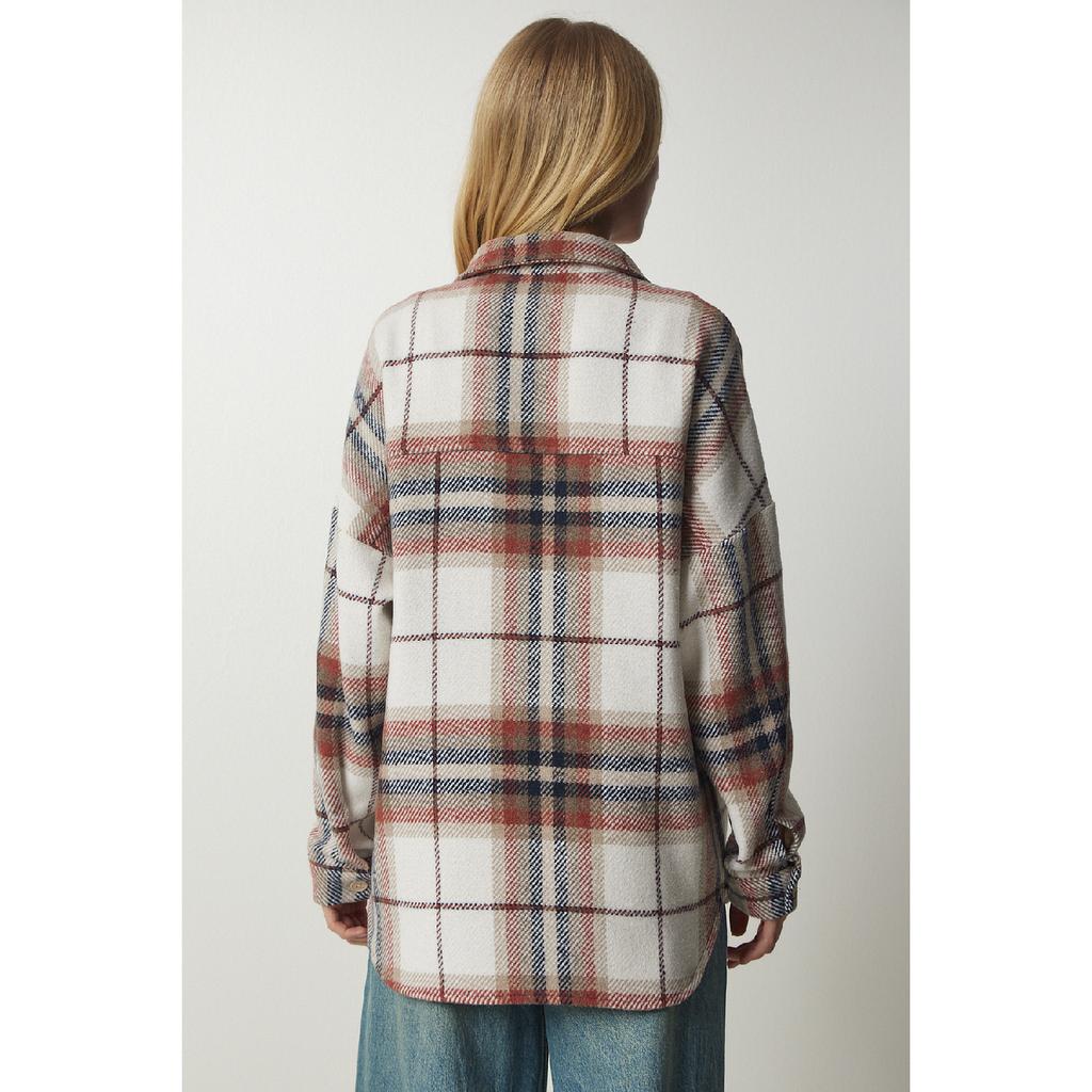 Dámská béžová krémová vzorovaná nadměrná kašmírová košile dřevorubce Tu00034