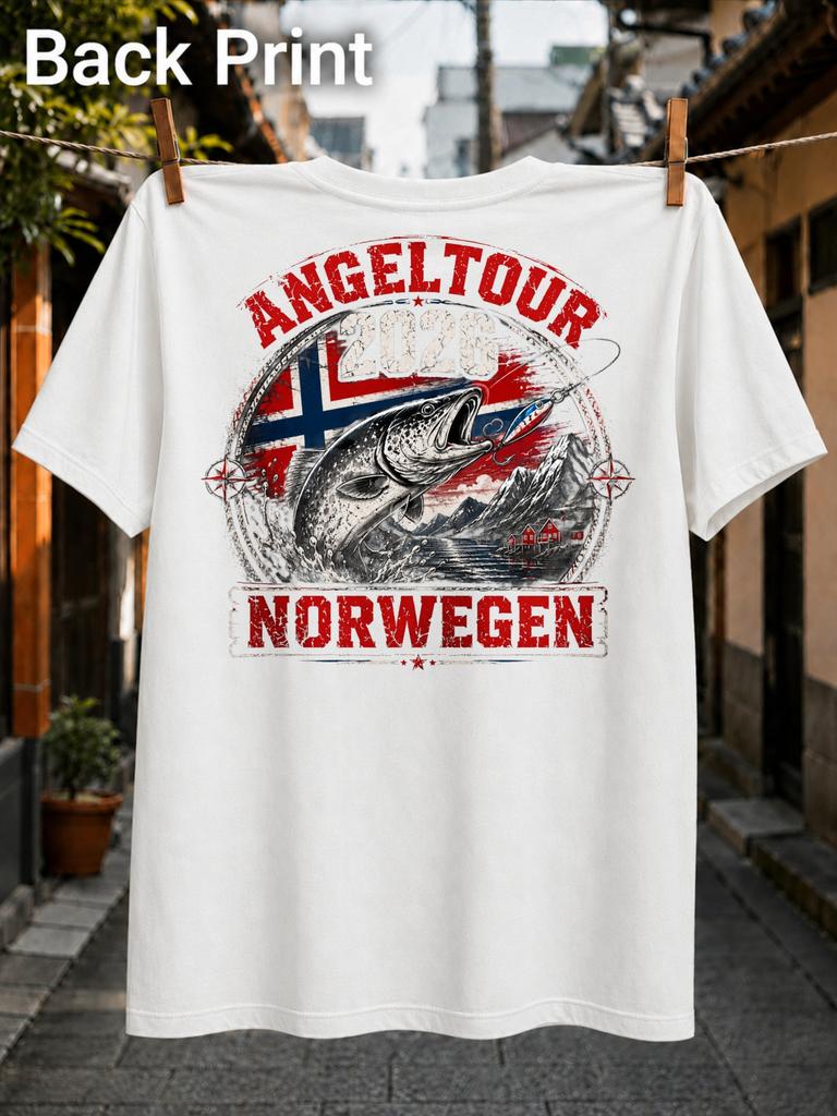Gerunisex Angeltour 2026 Norwegen Jumping Fish Lure FlAg Fjord Mountains And Red Cabins Vintage Unisex All TShirt