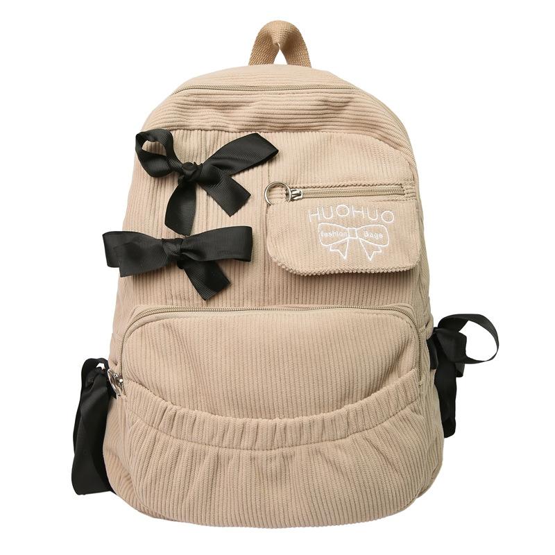 2026New Korean Style Backpack Commuting Versatile Female College Students High Beauty Backpack Bow Backpack Cute Casual Corduroy