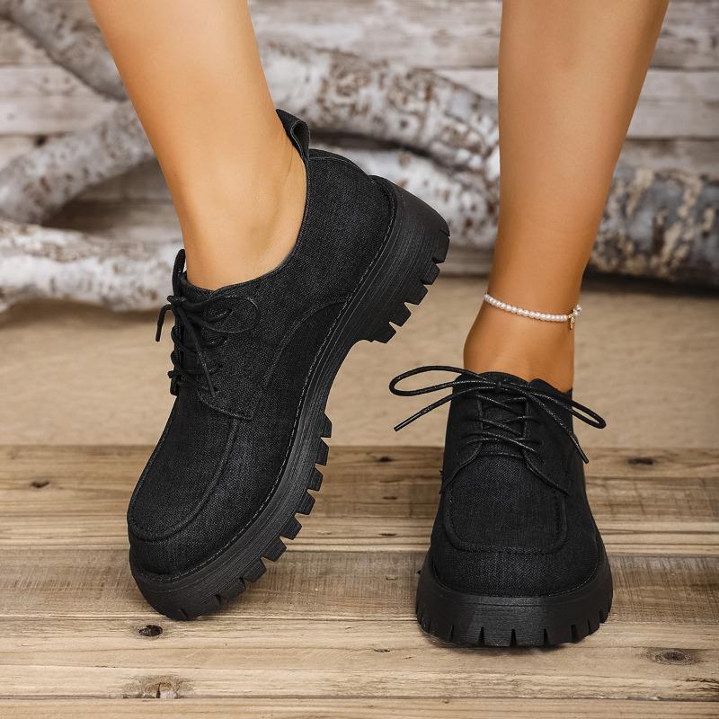 Large size platform women's spring and autumn new thick heel lace-up fashionable versatile and comfortable small leather shoes