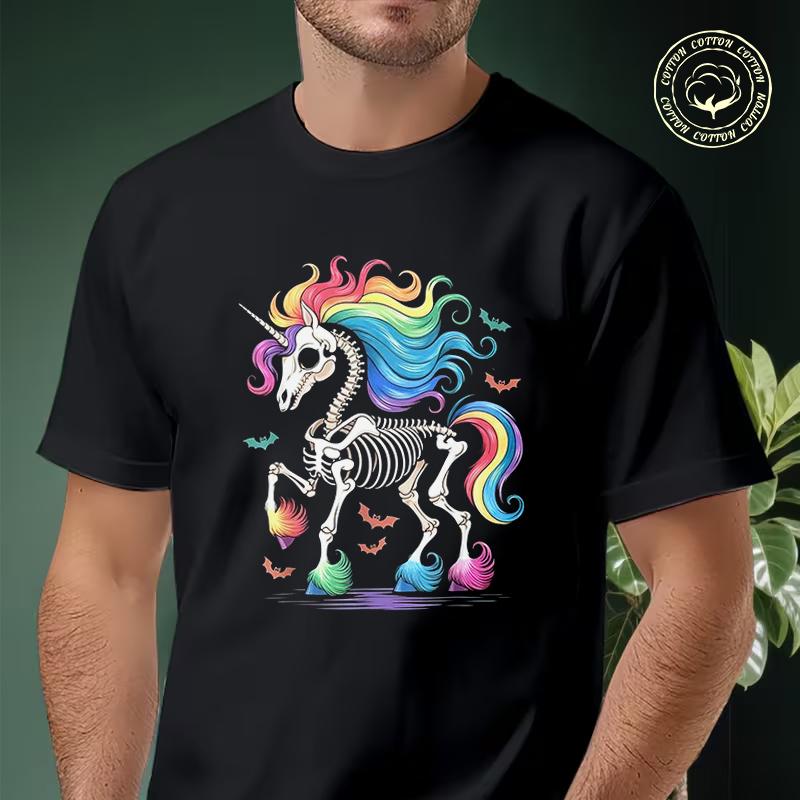 Vintage-Inspired Unicorn Skeleton Rainbow Graphic Moto T-Shirt Men Hip Hop Streetwear Unisex Ca