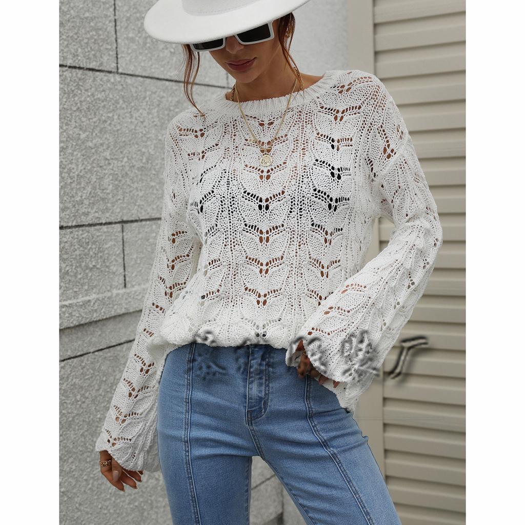 2024 Herbst und Winter Neu Gestrickter Europäischer und Amerikanischer Einfarbiger Hakenblumen Aushöhlpullover Rundhals Lockerer Pullover für Damen