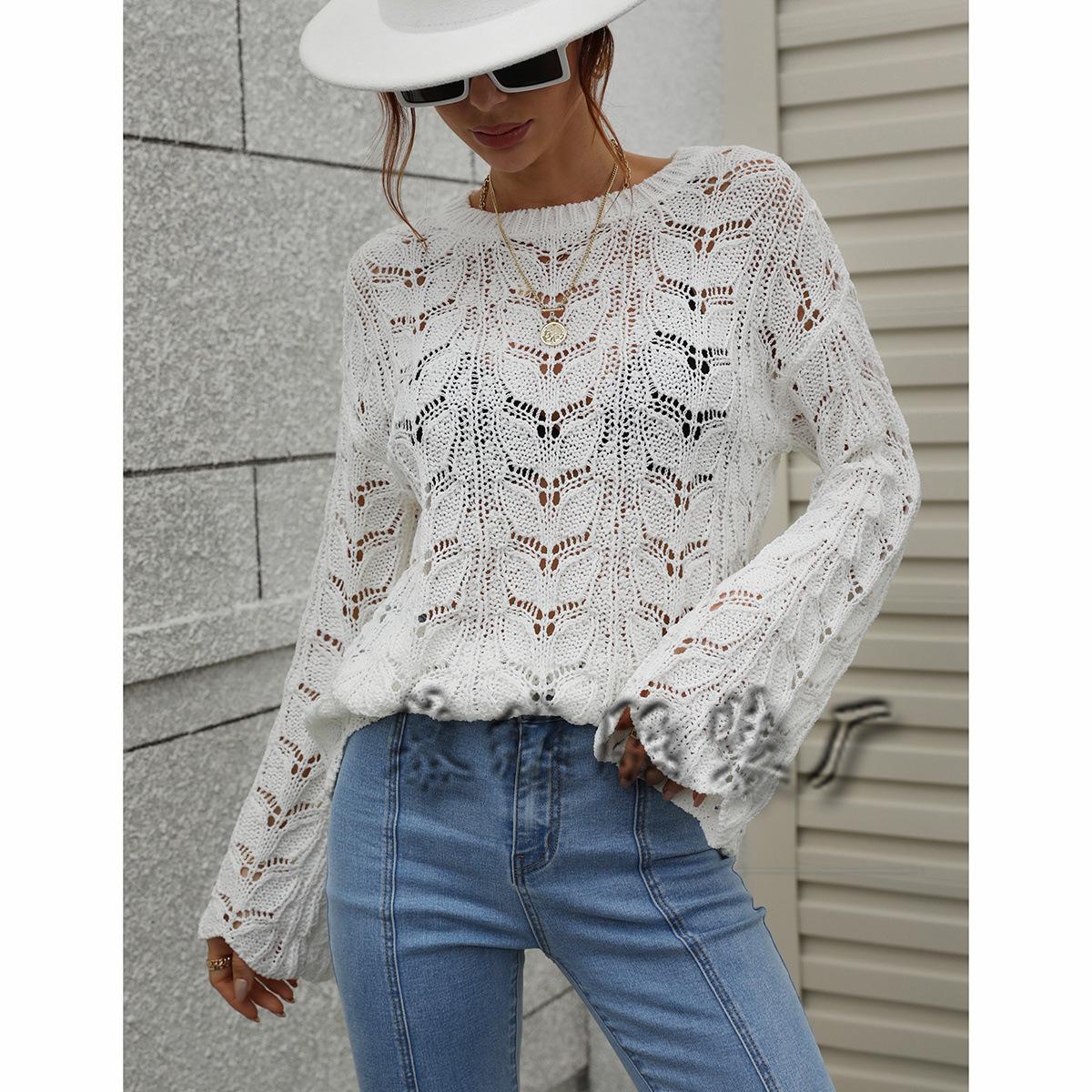 

2024 Осень и зима Новый вязаный европейский и американский однотонный крючковый цветочный ажурный пуловер круглый вырез свободный свитер для женщин S белый