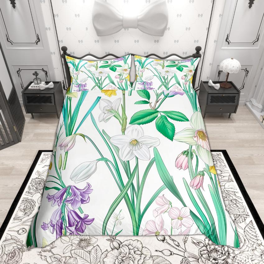 Homewish Chic Flower Floral Duvet Cover Set For Girls Women Spring Garden Bedding Set Botanical Blossoms Bedroom Set