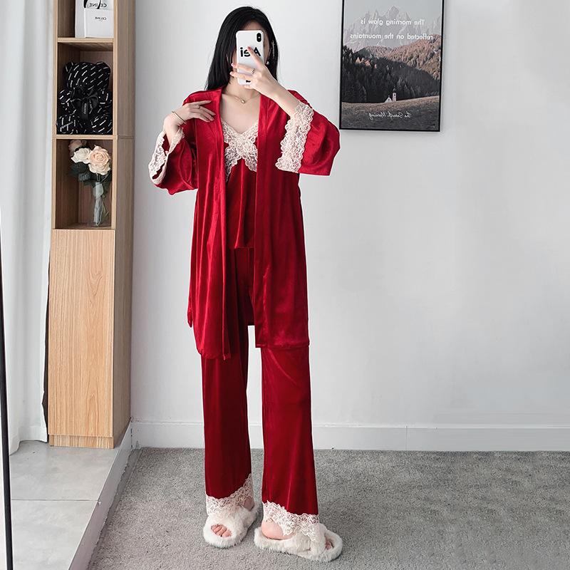 1011 Lace Cardigan Long Sleeve Long Pajama Pants Set Three-piece Golden Velvet Pajamas Women's Home Sweet and Fresh Pajamas
