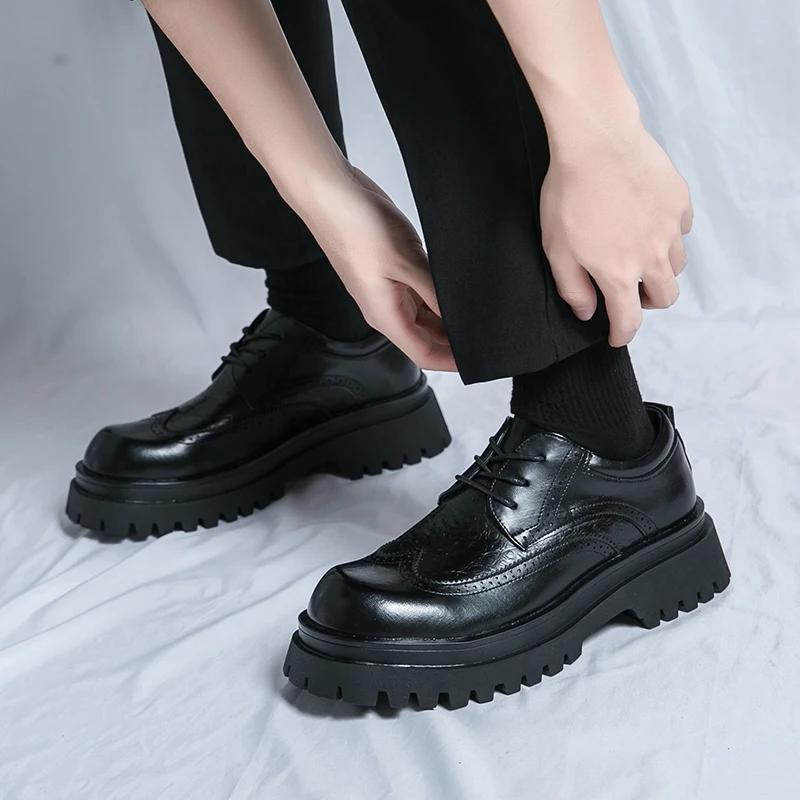 Buty Męskie Ślubne Na Grubej Podeszwie Sznurowane Oksfordy Męskie Stylowe Męskie Buty Fryzjerskie Luksusowa Marka Skórzane Modne Obuwie Męskie