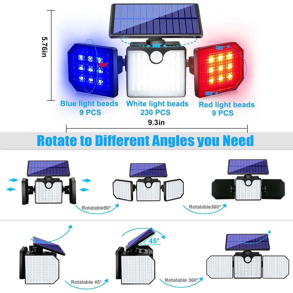230LED Solar Lamps Wall Light Waterproof IP65 Outdoor Warning Light Strobe Garage Lamp Strobe Light Control Human Body Induction