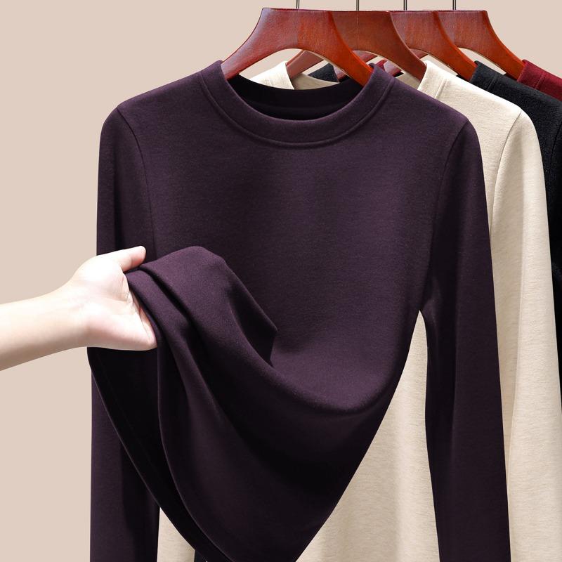Silk Warm Fleece Heating and Thermal Underwear Women's Inner Fleece Autumn Clothes Single-piece Top Wool Bottoming Shirt Winter