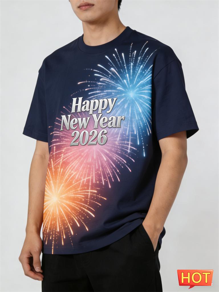 Simple Fashion New Year T Shirts For Men Trendy Holiday Wear 3D Printed Short Sleeve Tshirts Loose Streetwear Crew Neck Tees