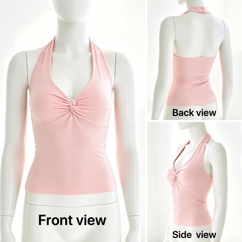 Damen Neckholder Ärmelloses Tanktop Verdrehte Vorderseite Tiefes V-Ausschnitt Schmale Passform Einfarbig Kurz Lässig Sommer Crop Bluse