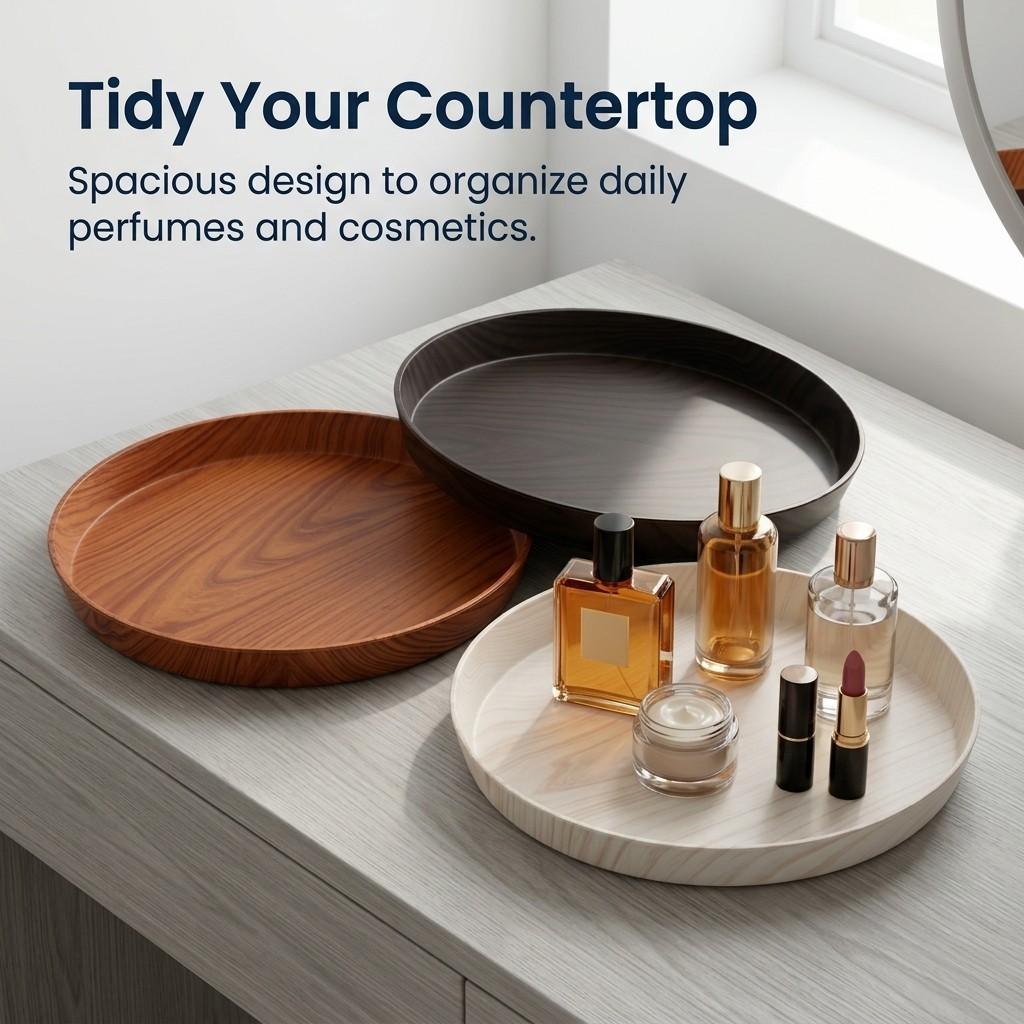 Stackable Round Wood Grain Plastic Vanity Tray Waterproof Bathroom Counter Organizer for Perfume Makeup Dressing Table Storage