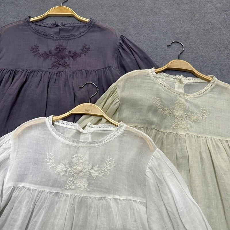 Johnature Japanische literarische bestickte Kurzarmhemd Frauen Sommer lose vielseitige Pullover Shirts