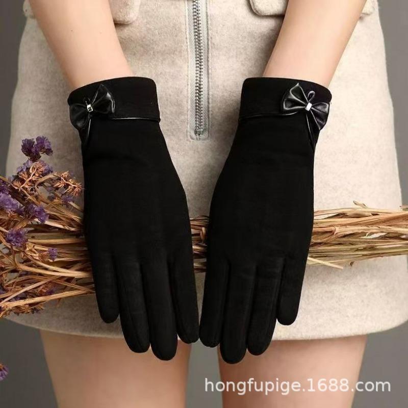 Warm gloves women's fleece cold-proof outdoor riding electric car rabbit down bow autumn and winter gloves