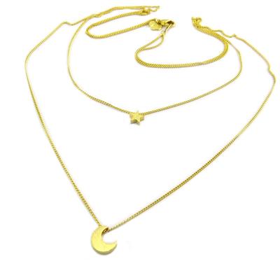 [P8326] - Handmade Gold 'Au Clair De Lune' Necklace - Moon 8 Mm - Star 6 Mm