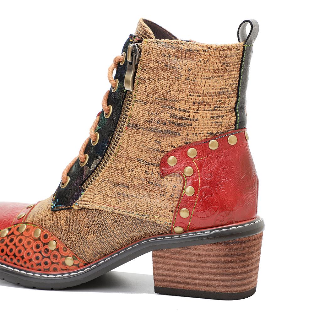 Johnature Echtes Leder Schuhe Damen Stiefel Runde Zehen Retro Handgemacht Reißverschluss Freizeit Nähen Prägnante Knöchel Plateaustiefel