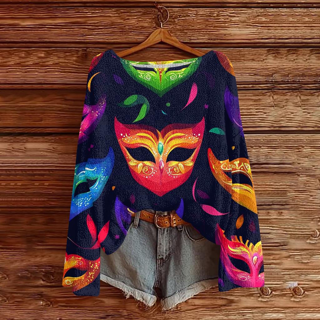 Damen Casual Mode Rundhals Oberteil Karneval Print Langarm Strickpullover