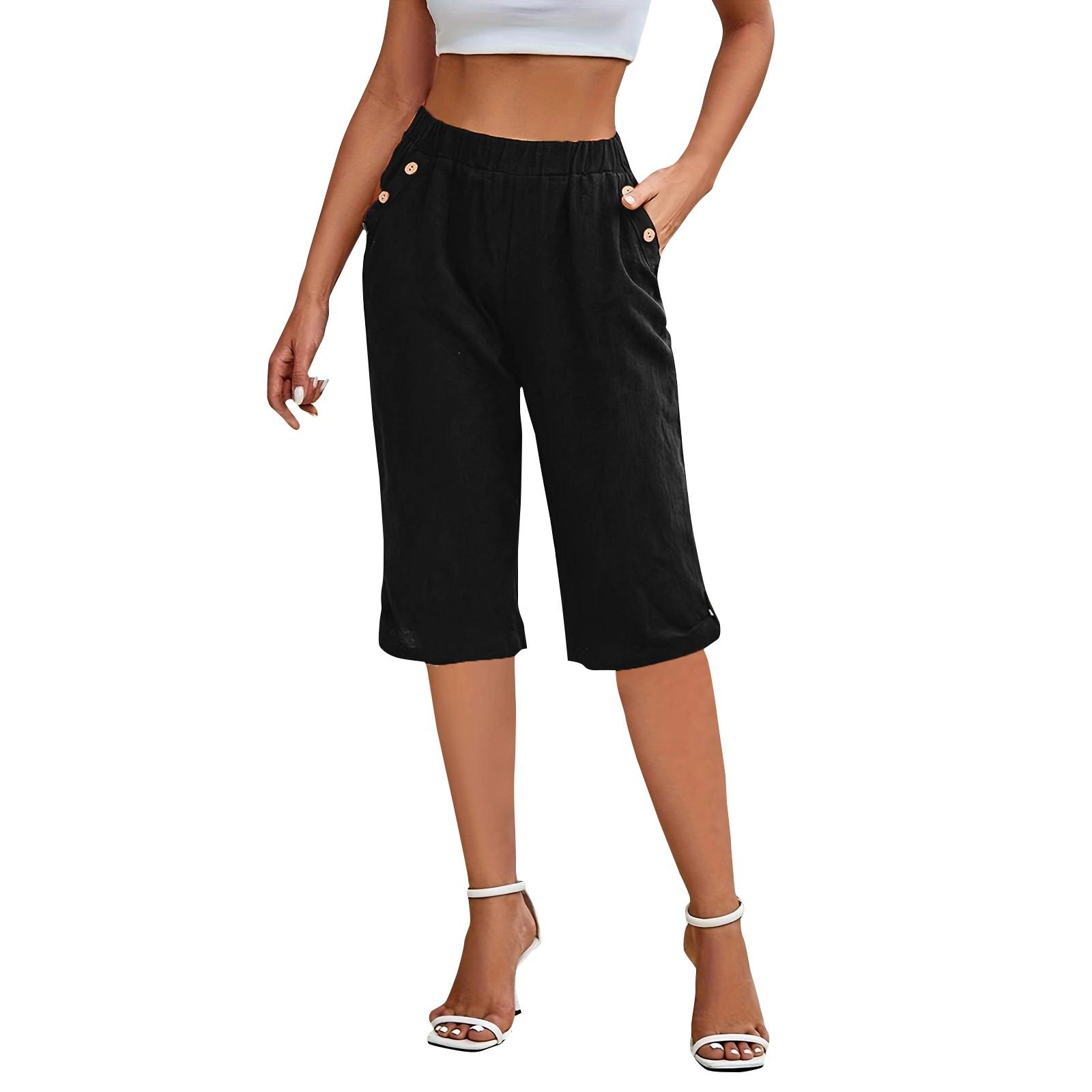 

Модные шорты на пуговицах, повседневные брюки из хлопка и льна с карманами L чёрный