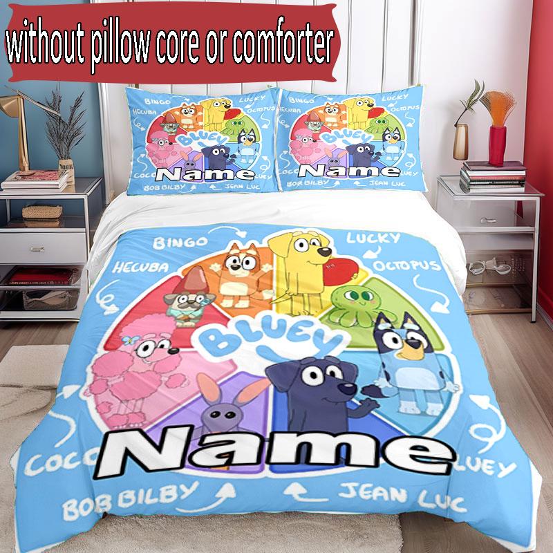 3pcs Duvet Cover Set (1*Duvet Cover + 2*Pillowcase, Without Core), Custom Name Bluey Pattern Bedding Set, Home Bedroom Decor Gift