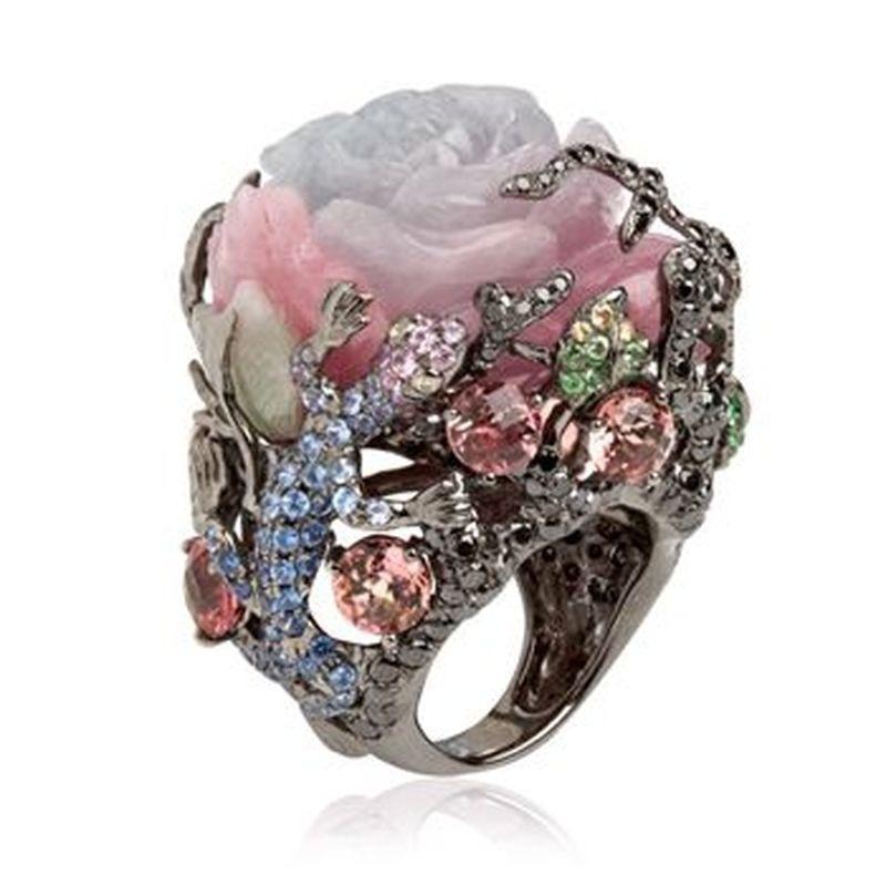 

Accessory Style Peony Flower Vine Stone Lizard Black Gold Ring no. 11