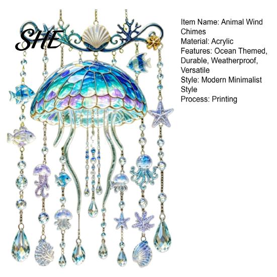 Birthday Gifts for Friends Ocean-Themed Crystal Wind Chime, Stained Acrylic Jellyfish Seahorse Pufferfish Hanging Suncatcher Unique Marine Style