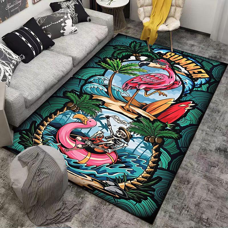 Summer Flamingo and Pirate Skeleton Tropical Cartoon Carpet Design Suitable for Use As an Anti-slip for Living Room Bedroom Sofas