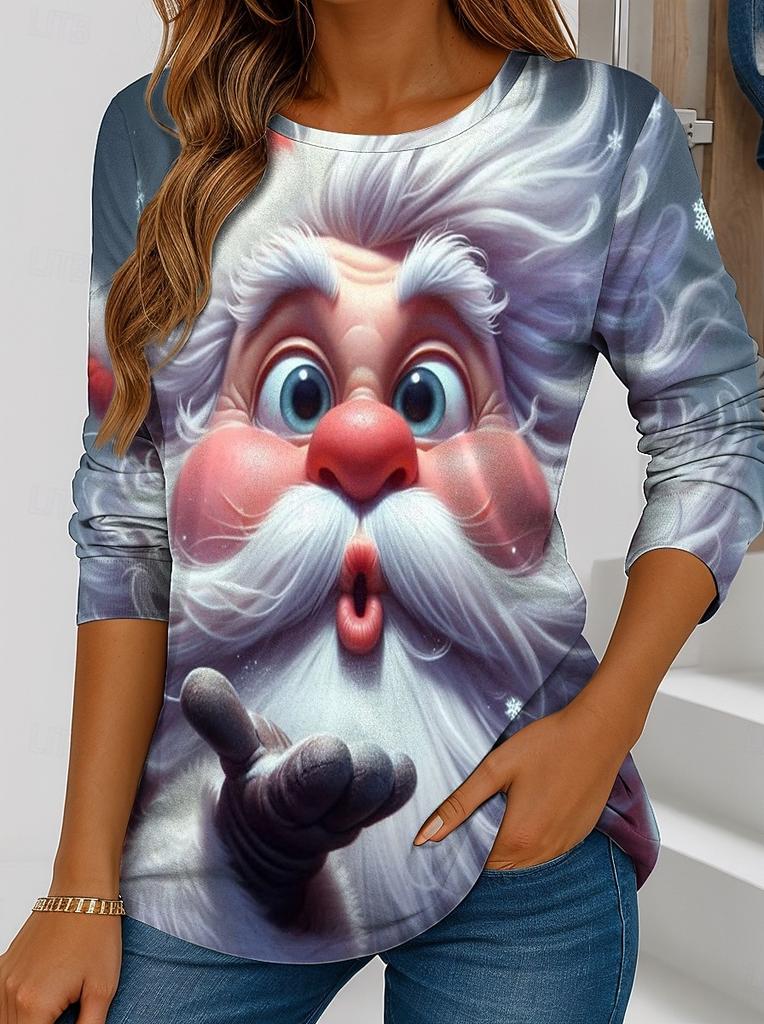Women's Christmas Santa Long Sleeve, Festive Snowflake Crew Neck, Holiday Graphic Print, Winter Seasonal Casual Top